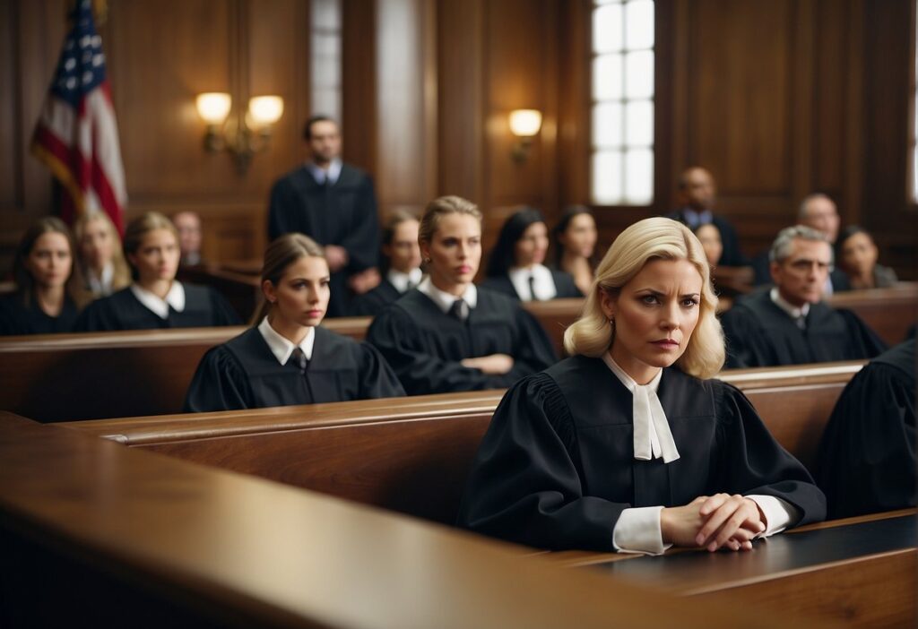 A courtroom scene with a judge, lawyers, and jury, as well as the accused and spectators. The atmosphere is tense and somber, with a sense of anticipation and scrutiny