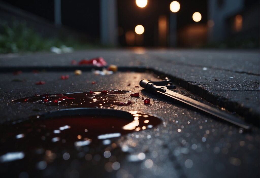 The crime scene: a dimly lit alley with scattered evidence and a pool of blood near a discarded weapon