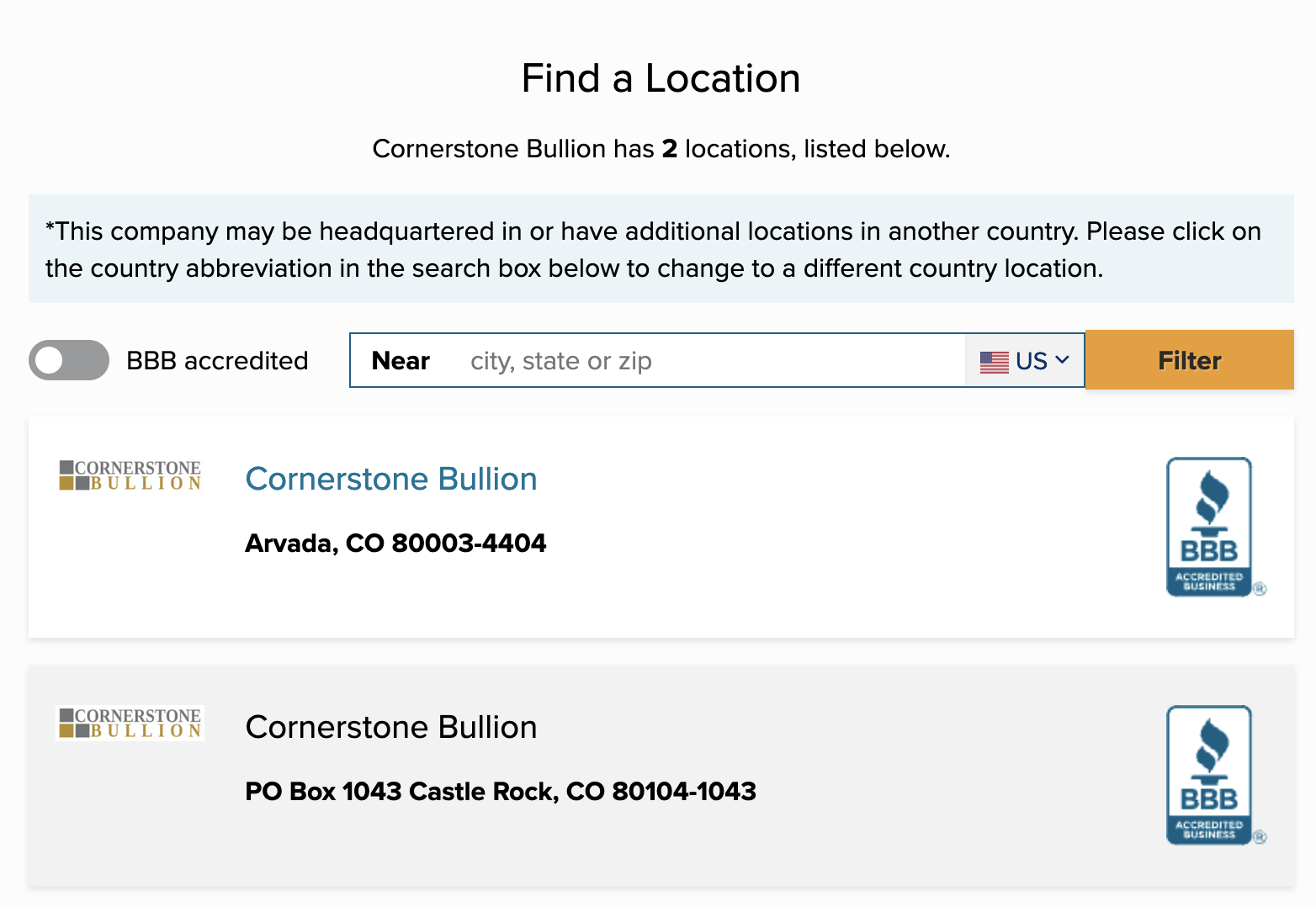 BBB Fake Location and Address of Cornerstone Bullion 